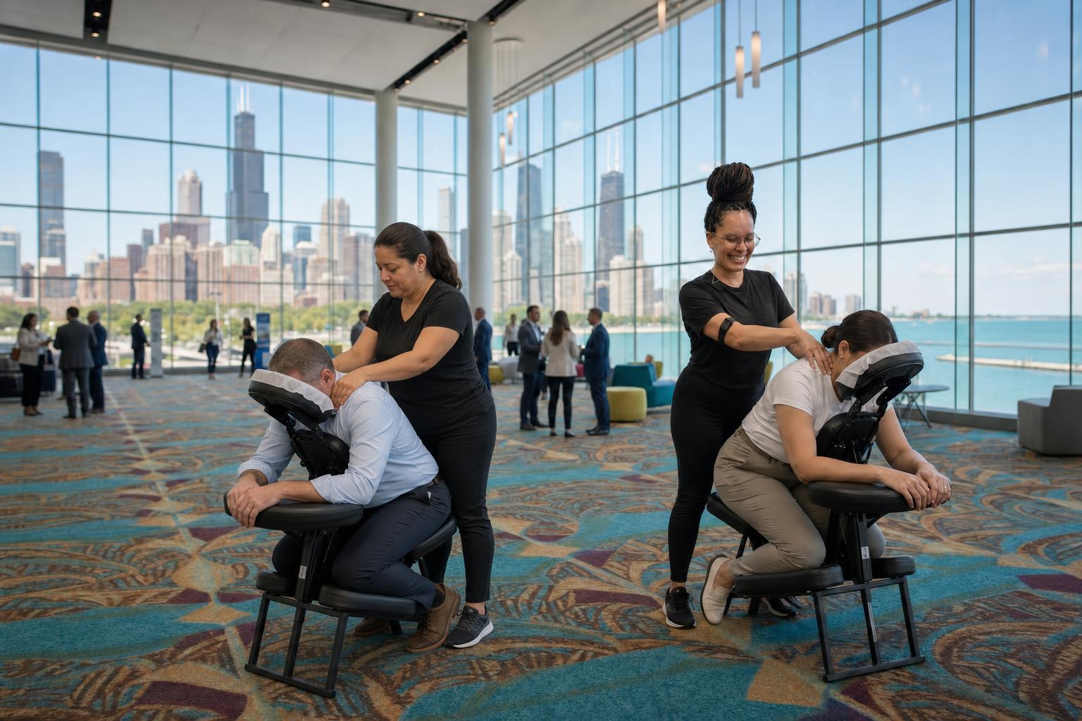 Licensed massage therapist smiling at a corporate chair massage event with the Chicago skyline visible through floor-to-ceiling windows