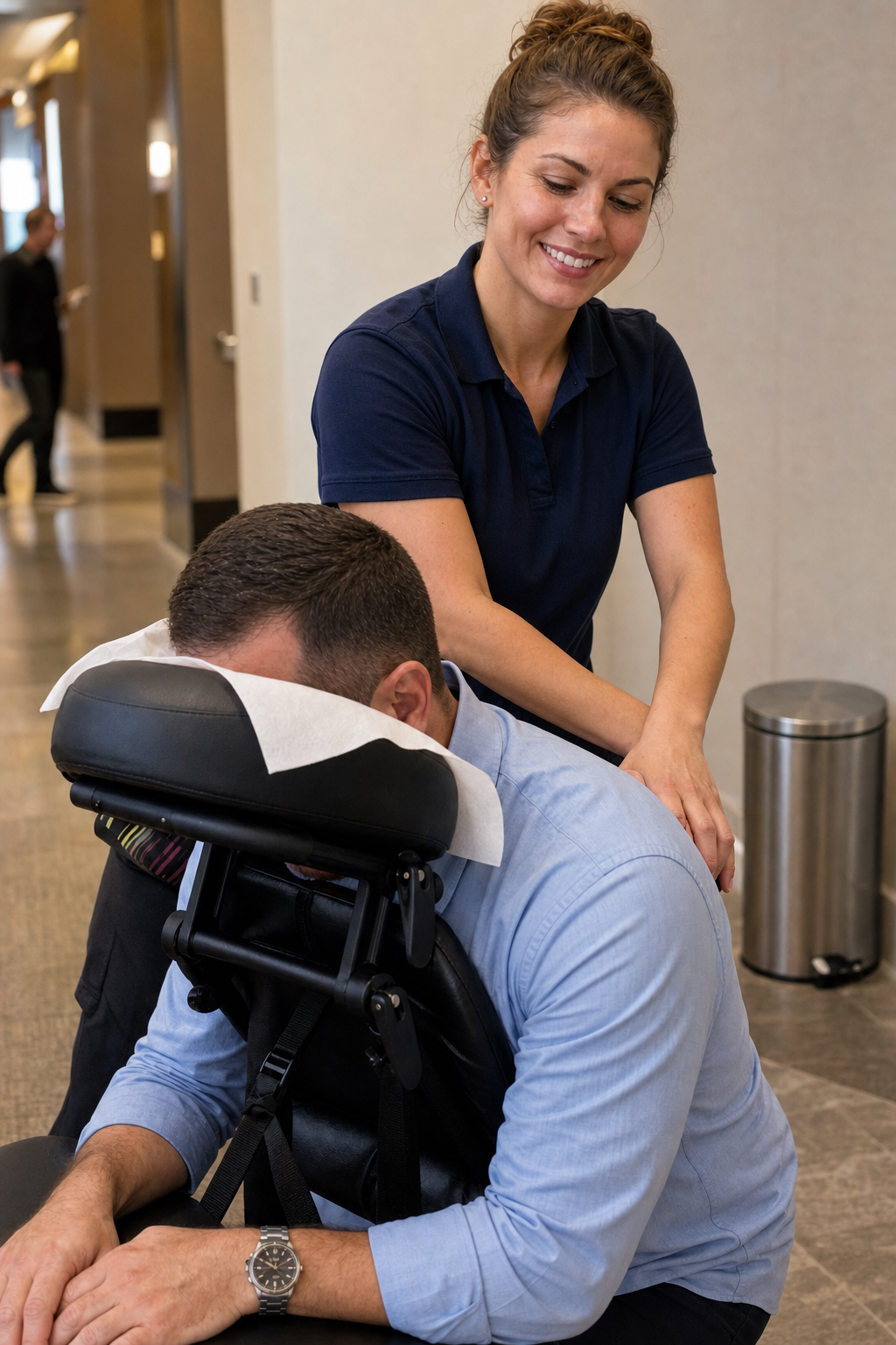Massage by Design therapist providing onsite chair massage at a Charlotte, NC corporate conference event