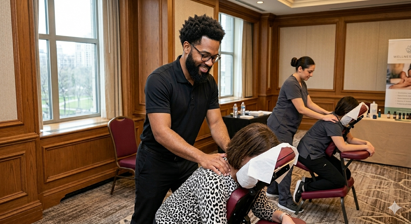 Onsite chair massage therapist working at a Cincinnati, OH corporate conference