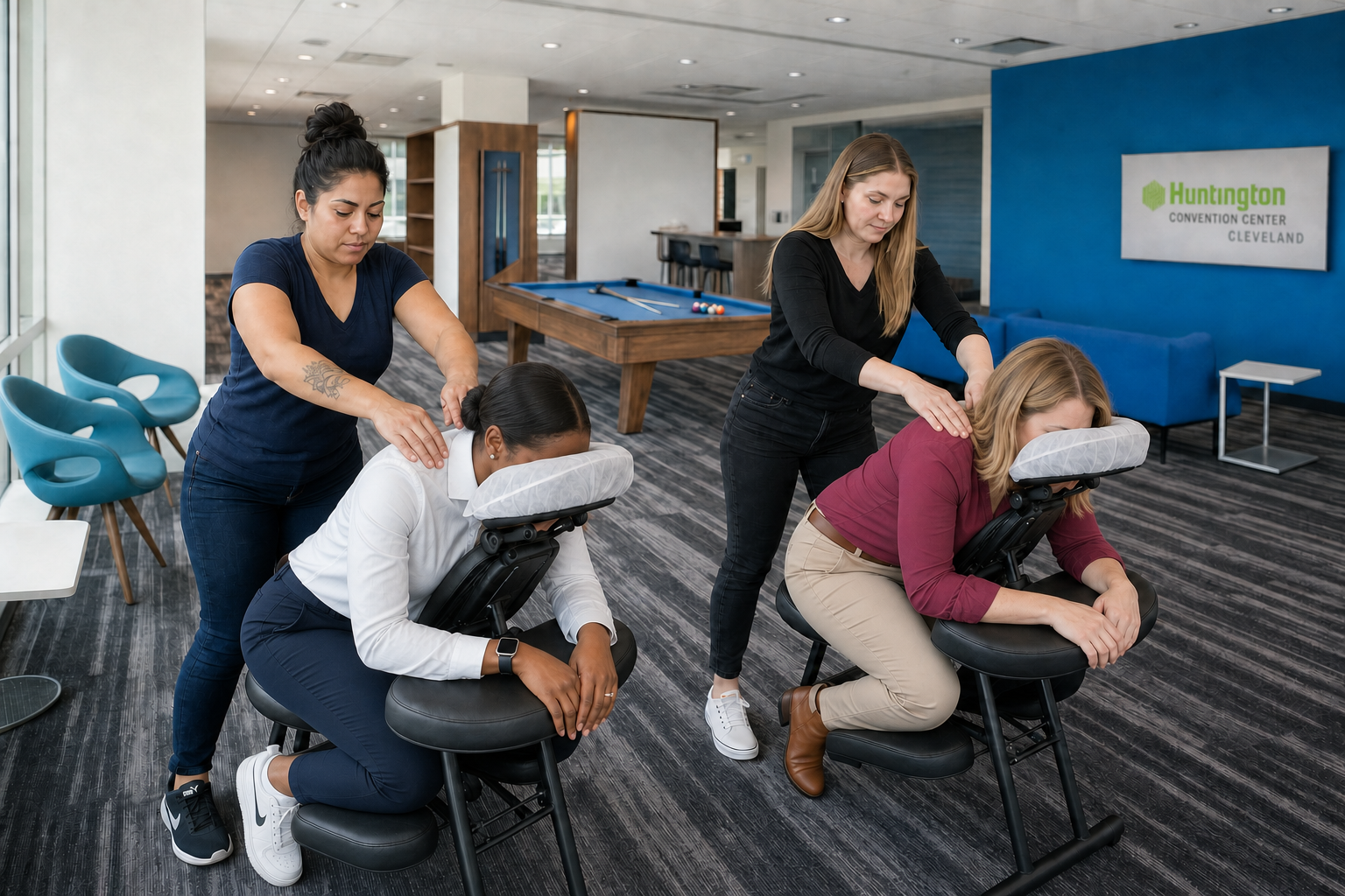Onsite chair massage therapist working at a Cleveland, OH corporate conference