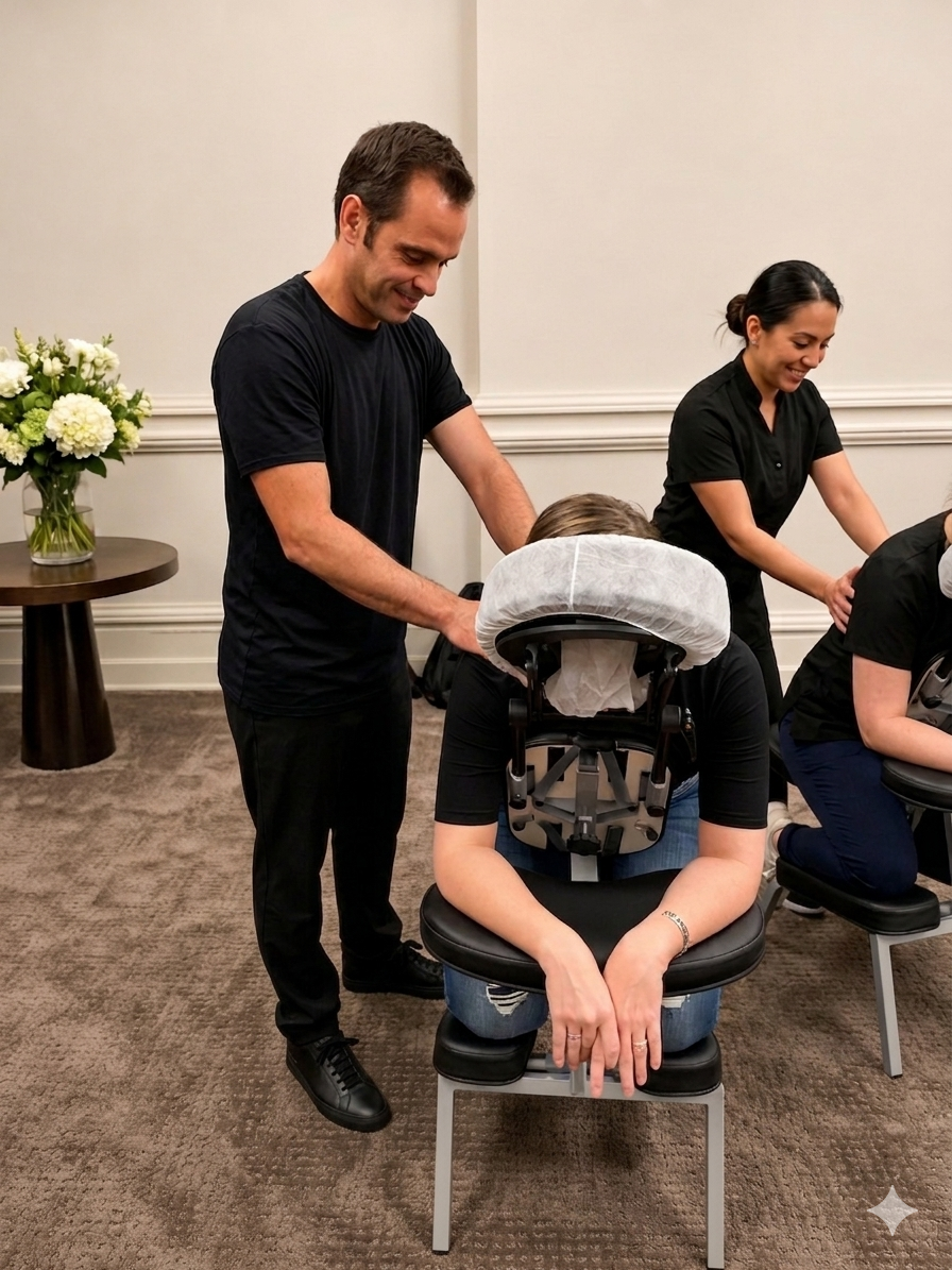 Onsite chair massage therapist working at a Columbus, OH corporate conference