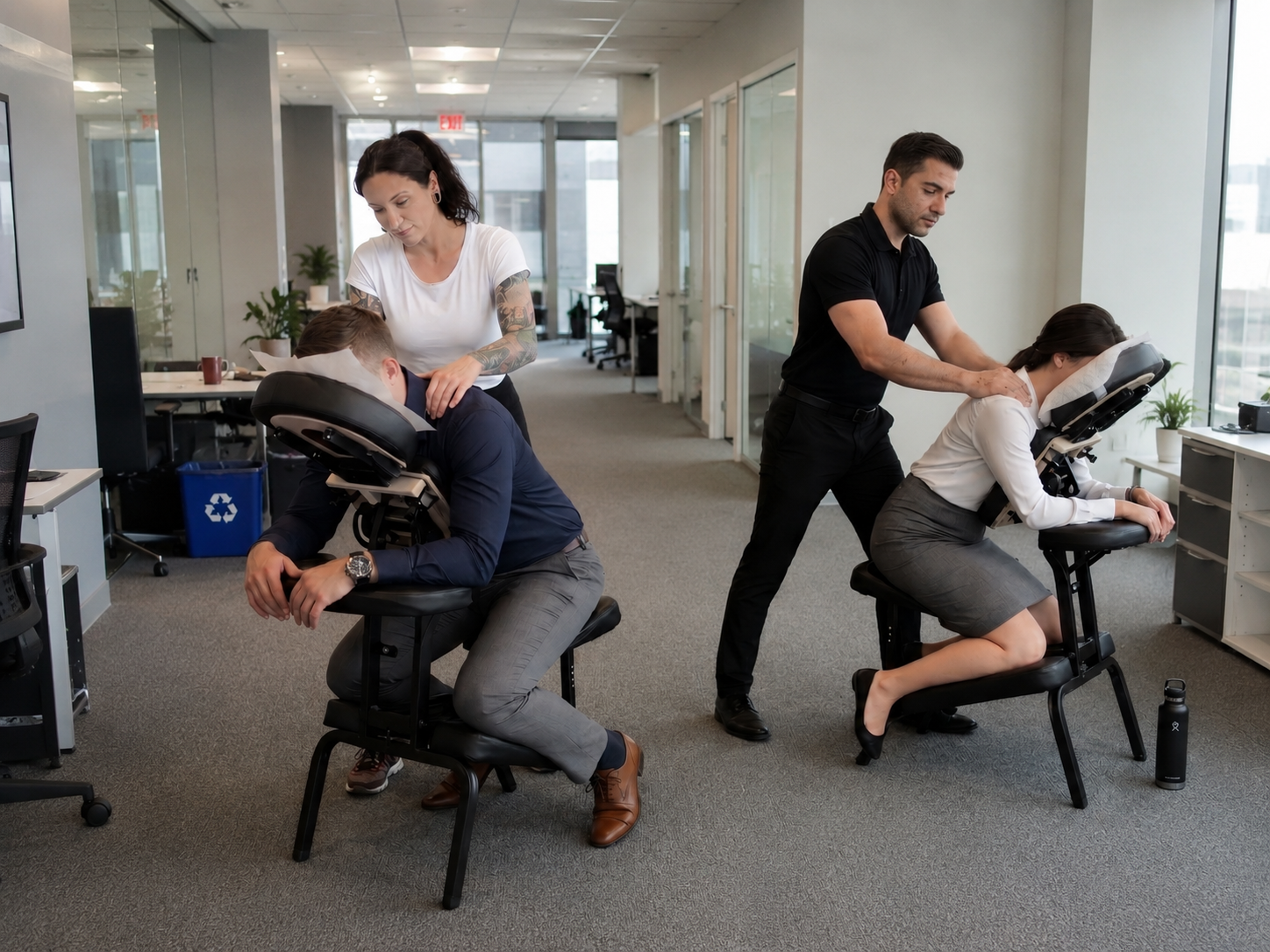 Onsite chair massage therapist working at a Denver, CO corporate conference
