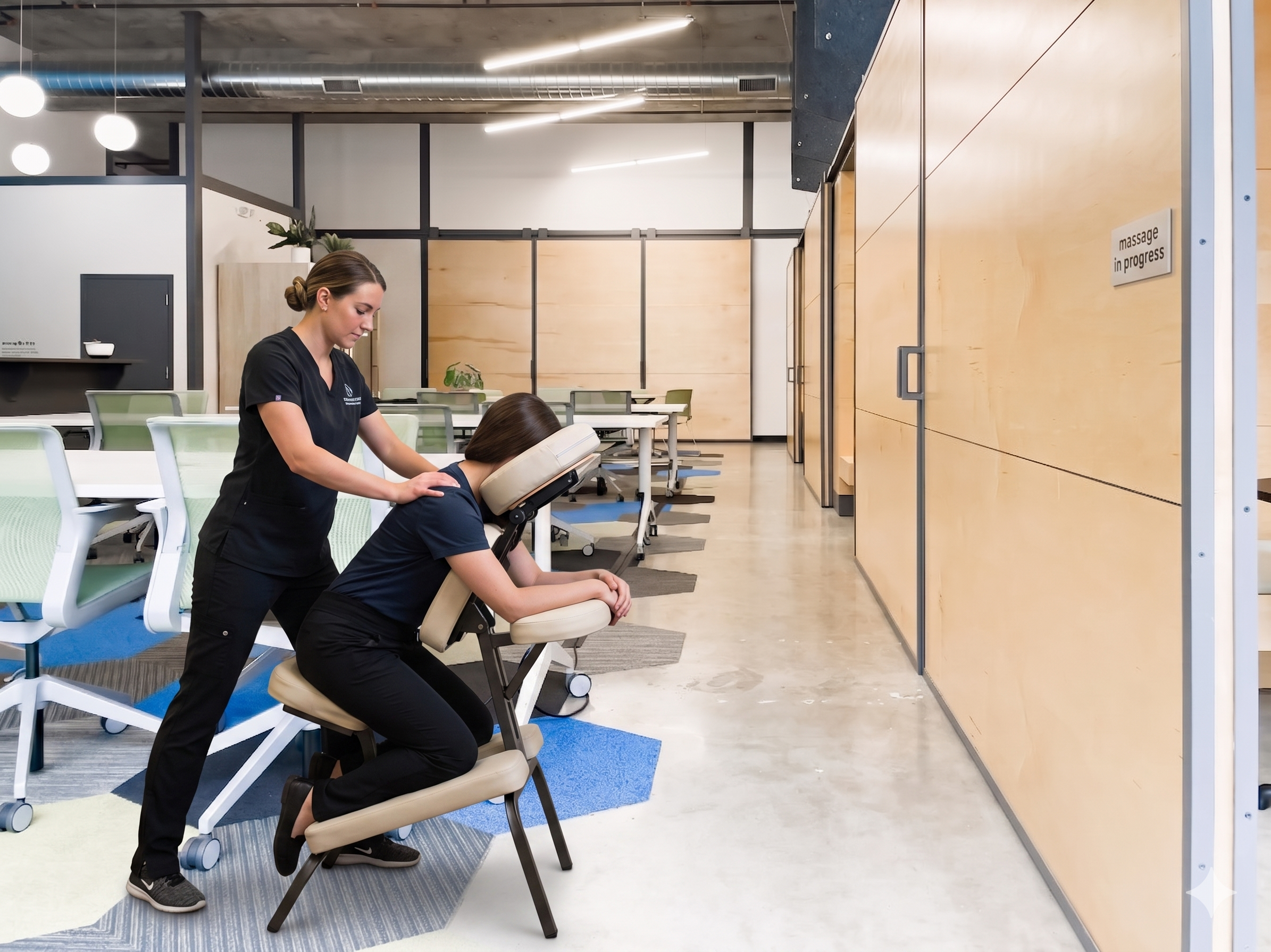 Onsite chair massage therapist working at a Des Moines, IA corporate conference