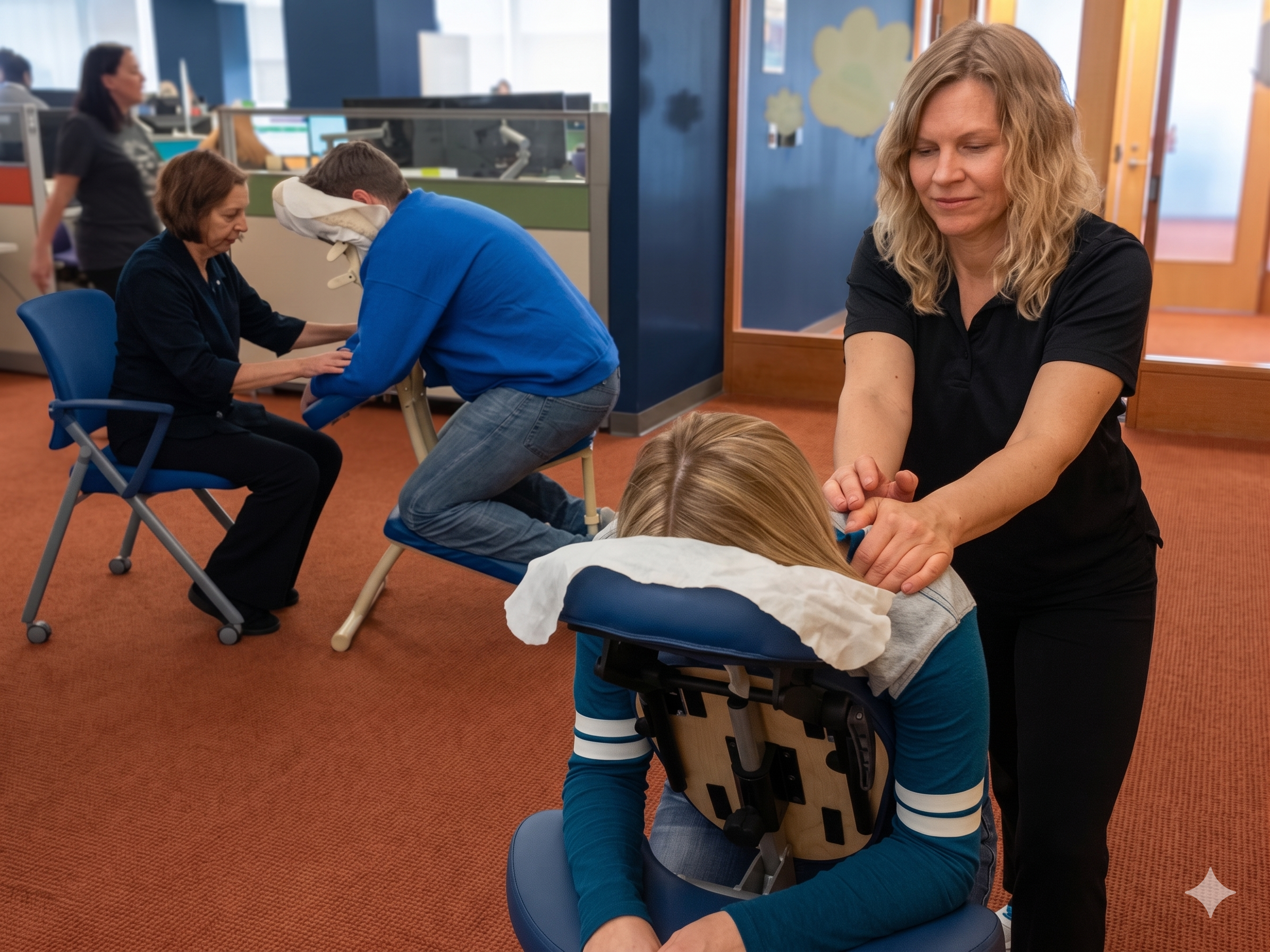 Onsite chair massage therapist working at a Hartford, CT corporate conference