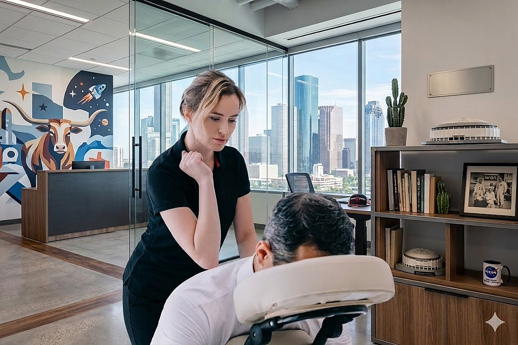 Onsite chair massage therapist working at a Houston, TX corporate conference