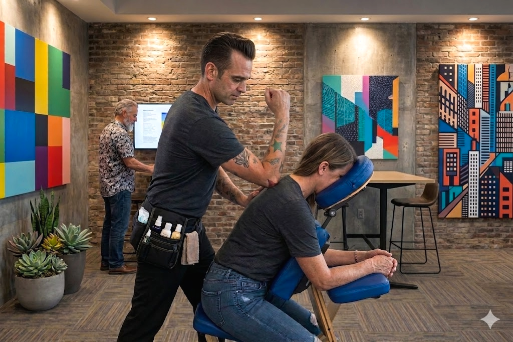 Onsite chair massage therapist working at a Kansas City, MO corporate conference