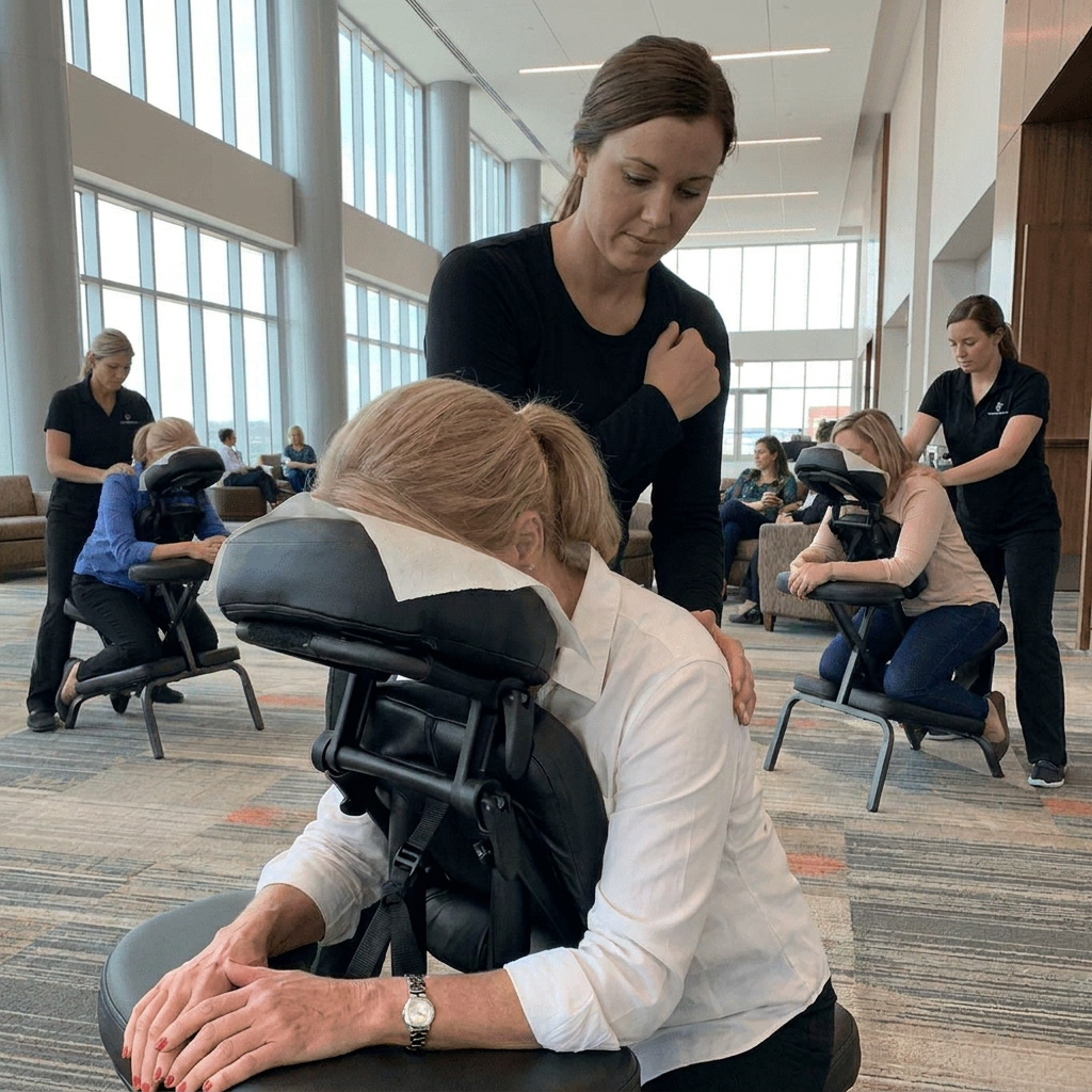 Onsite chair massage therapist working at a Memphis, TN corporate conference