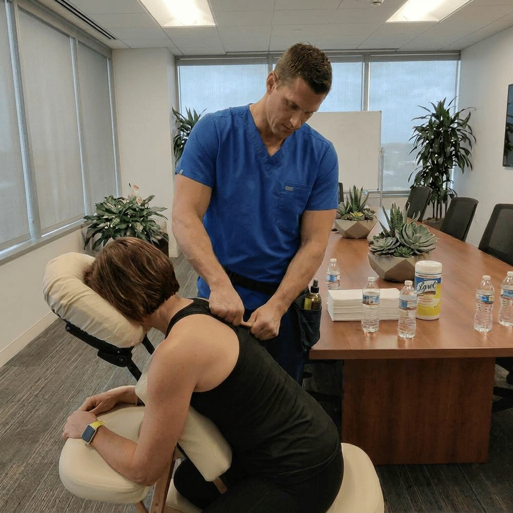 Onsite chair massage therapist working at a Nashville, TN corporate conference