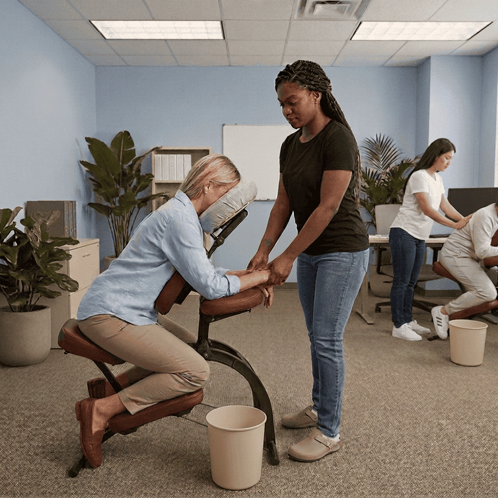 Onsite chair massage therapist working at a New Orleans, LA corporate conference