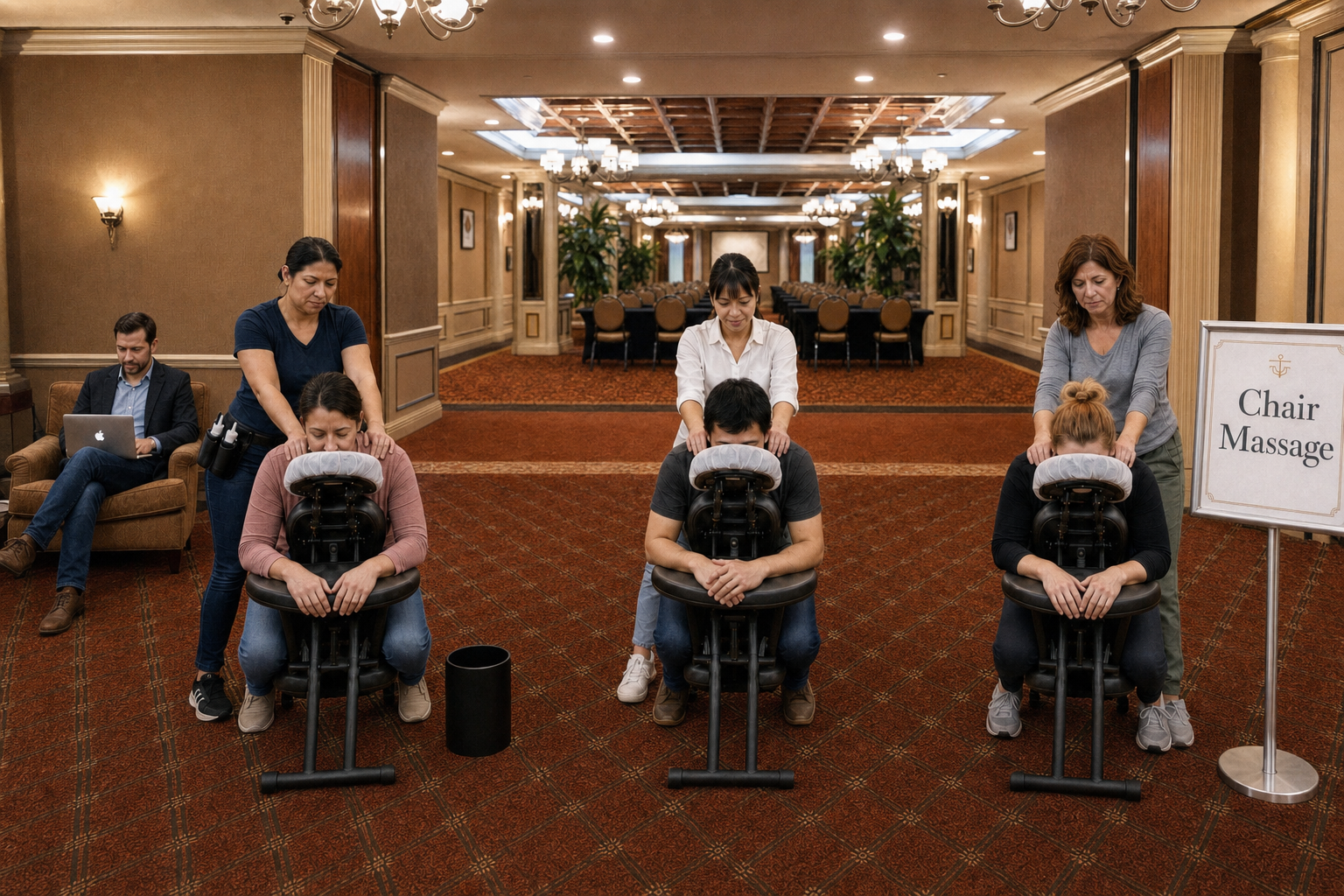 Onsite chair massage therapist working at a New York City, NY corporate conference