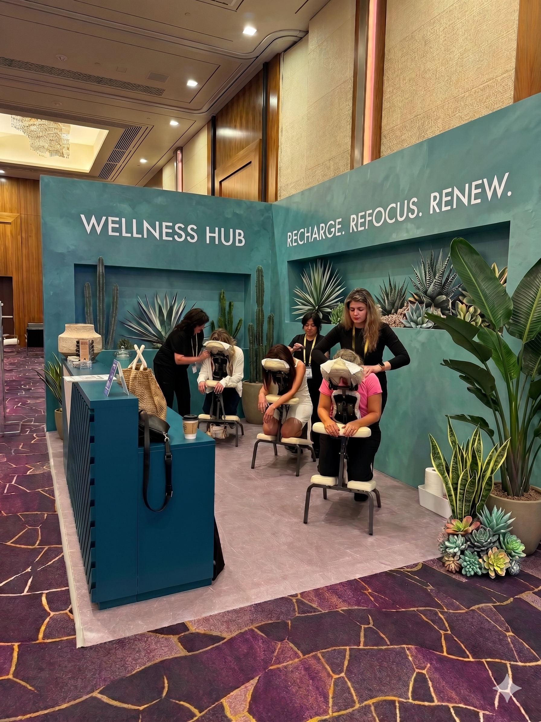 Onsite chair massage therapist working at an Orlando, FL corporate conference