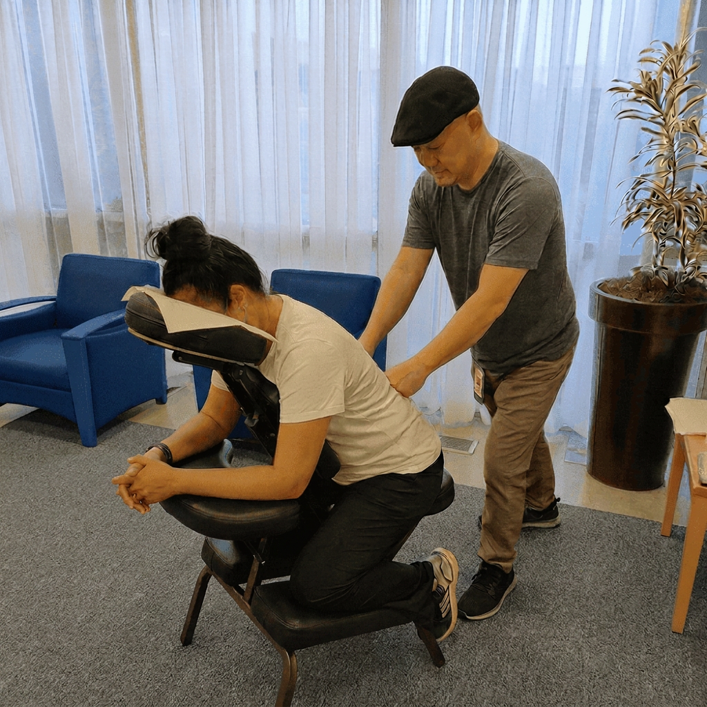 Onsite chair massage therapist working at a Philadelphia, PA corporate conference