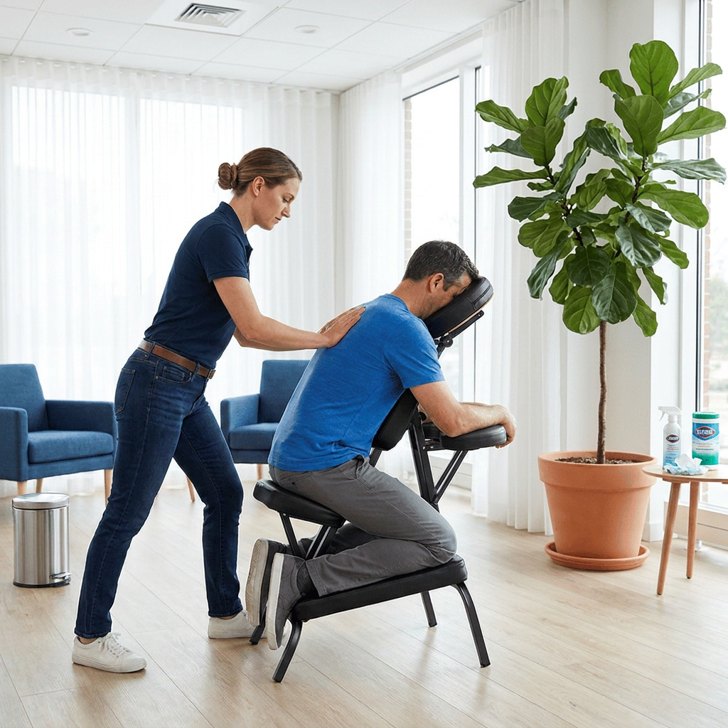 Onsite chair massage therapist working at a Phoenix, AZ corporate conference