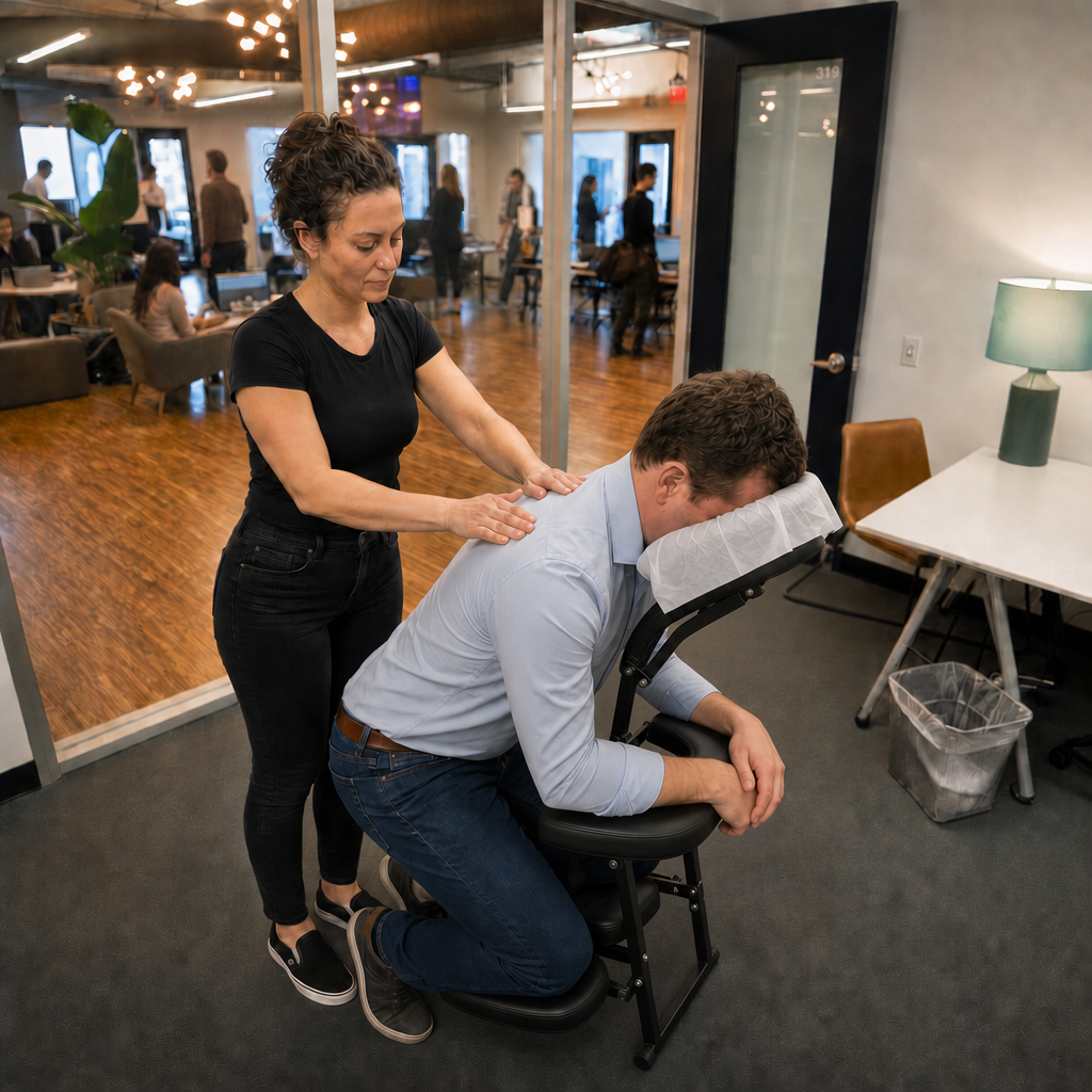 Onsite chair massage therapist working at a Pittsburgh, PA corporate conference