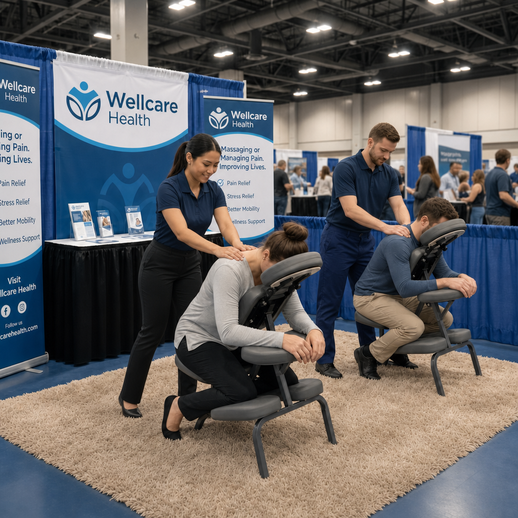 Onsite chair massage therapist working at a Raleigh, NC corporate conference