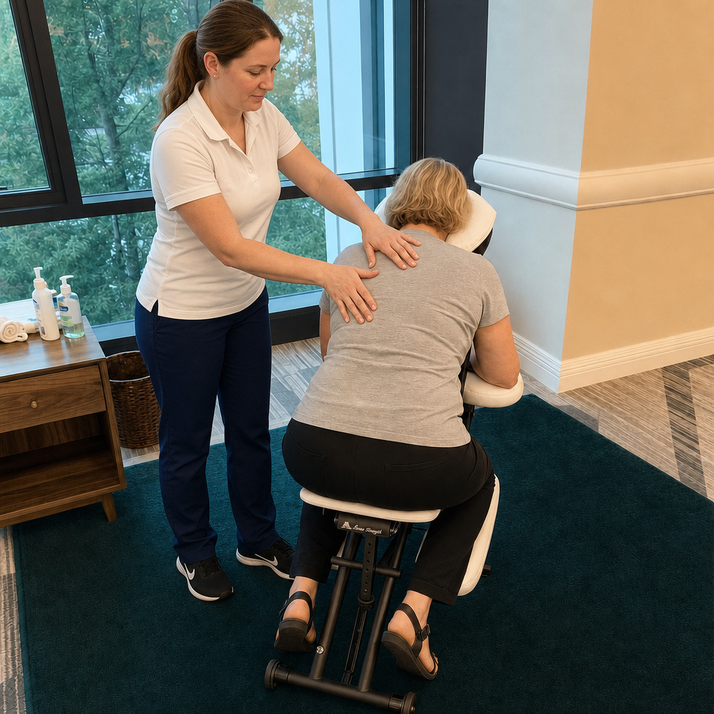 Onsite chair massage therapist working at a Rochester, NY corporate conference