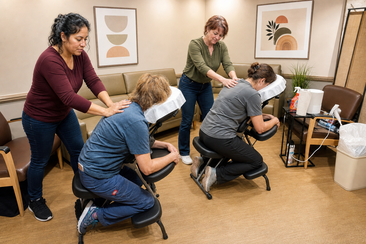 Onsite chair massage therapist working at a Sacramento, CA corporate event