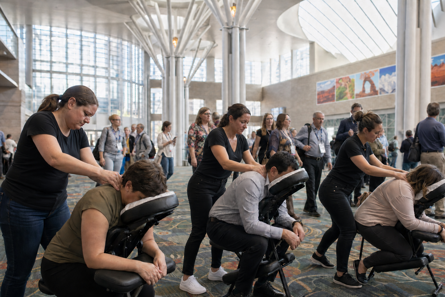 Onsite chair massage therapist working at a Salt Lake City, UT corporate conference