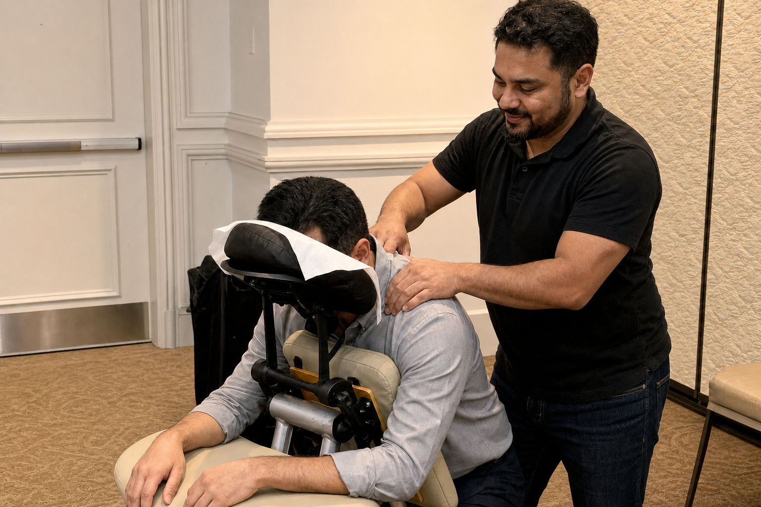 Onsite chair massage therapist working at a San Antonio, TX corporate conference