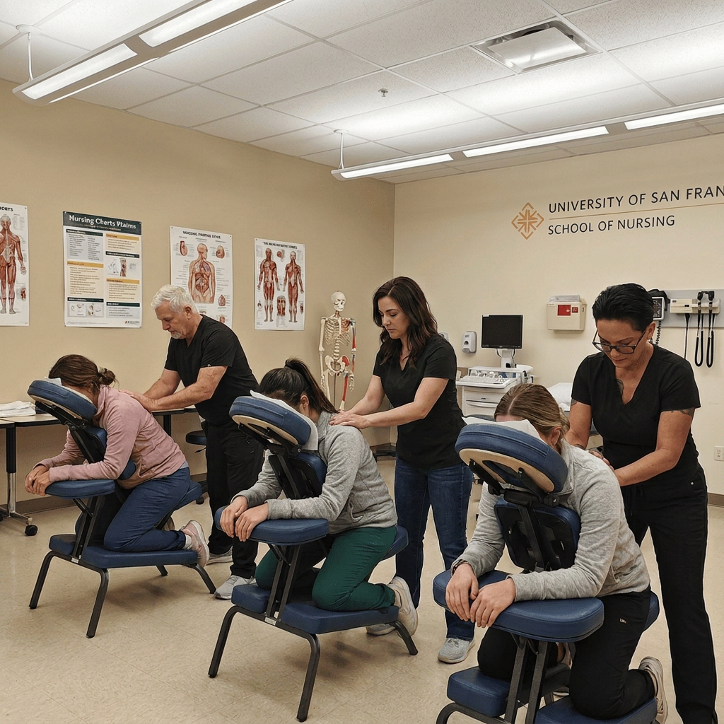 Onsite chair massage therapist working at a San Francisco, CA corporate conference
