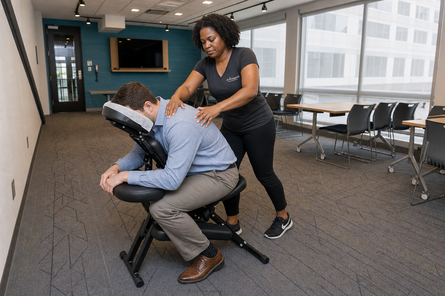Onsite chair massage therapist working at a St. Louis, MO corporate conference