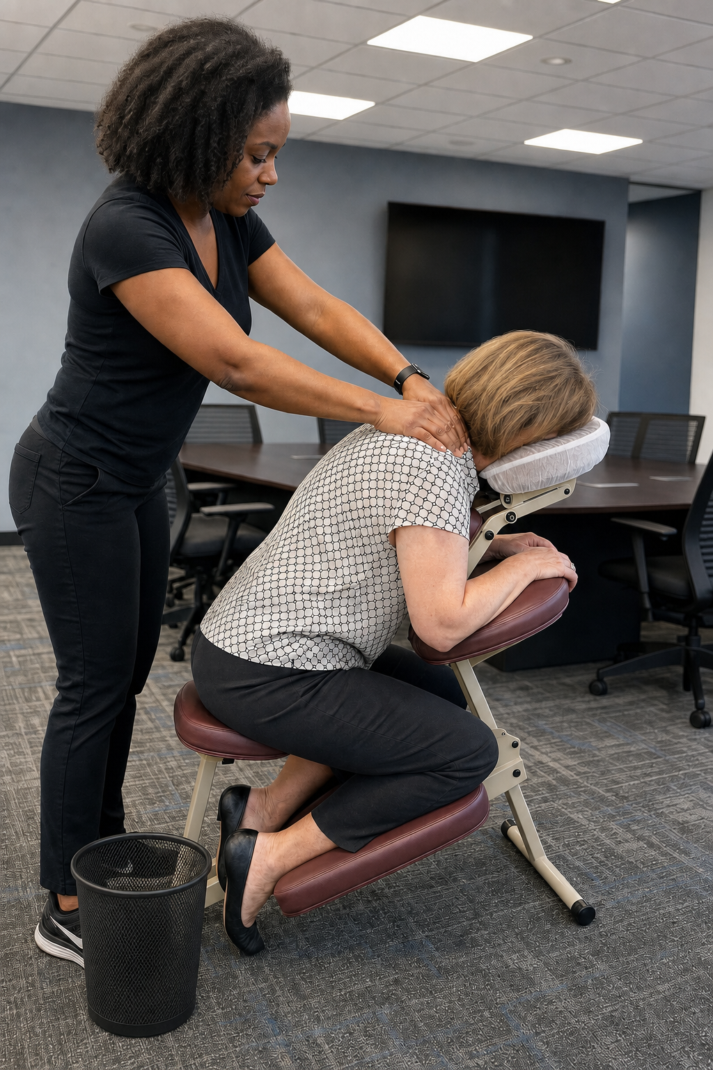 Onsite chair massage therapist working at a Washington, DC corporate conference