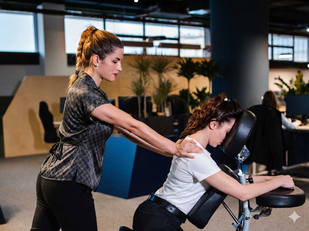 Licensed massage therapist providing onsite chair massage at a corporate event in Atlanta, GA