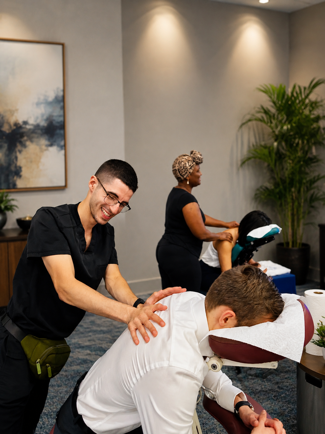Licensed massage therapist providing onsite chair massage at a corporate event in Charleston, SC