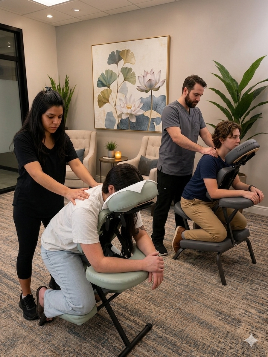 Licensed massage therapist providing onsite chair massage at a corporate event in Charlotte, NC