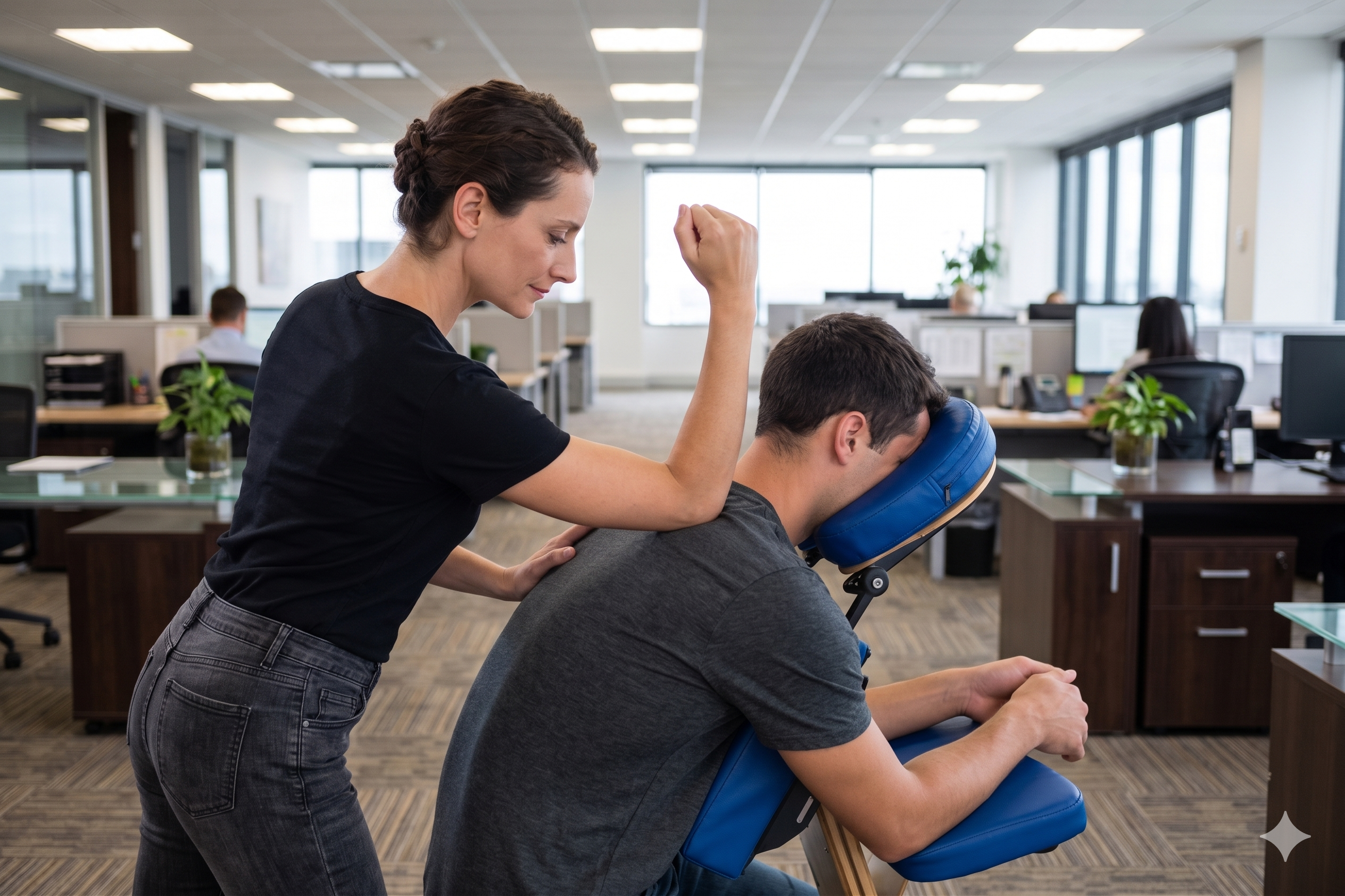 Onsite chair massage at a Detroit, MI corporate event