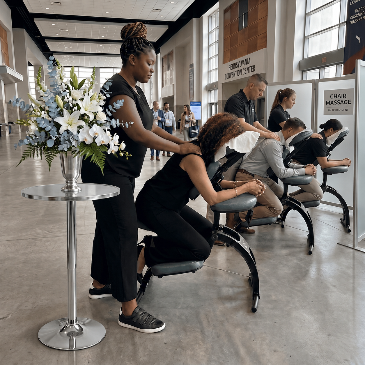 Onsite chair massage at a Philadelphia, PA corporate event