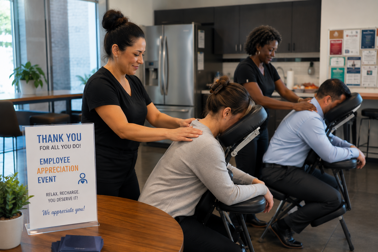 Licensed massage therapist providing onsite chair massage at a corporate office employee appreciation event