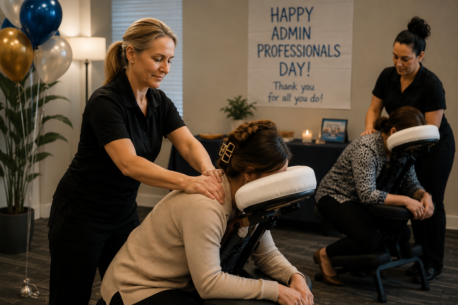 Onsite chair massage for Administrative Professionals Day corporate event