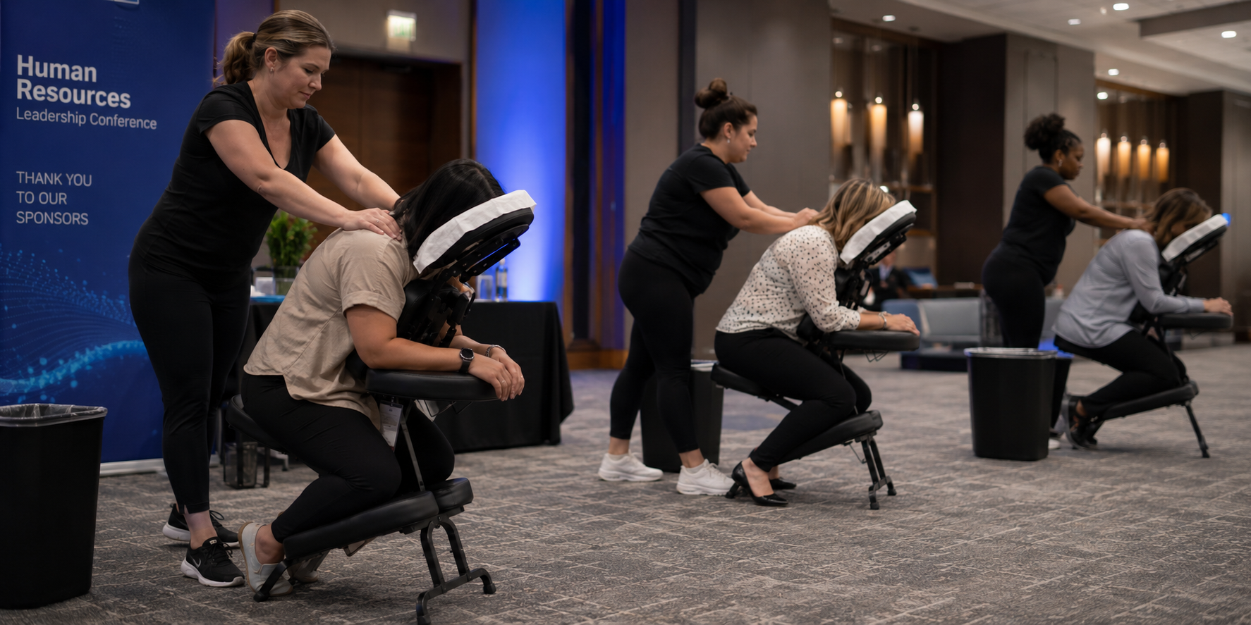 Onsite chair massage therapist working at a corporate convention