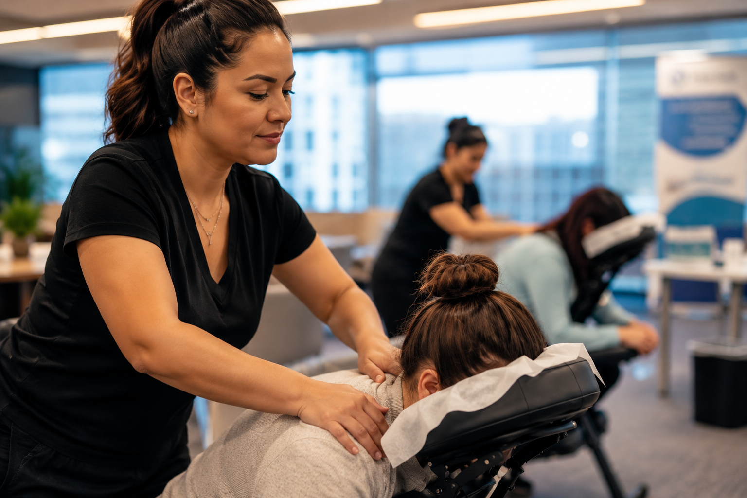 Licensed massage therapists providing onsite chair massage at multiple corporate events nationwide