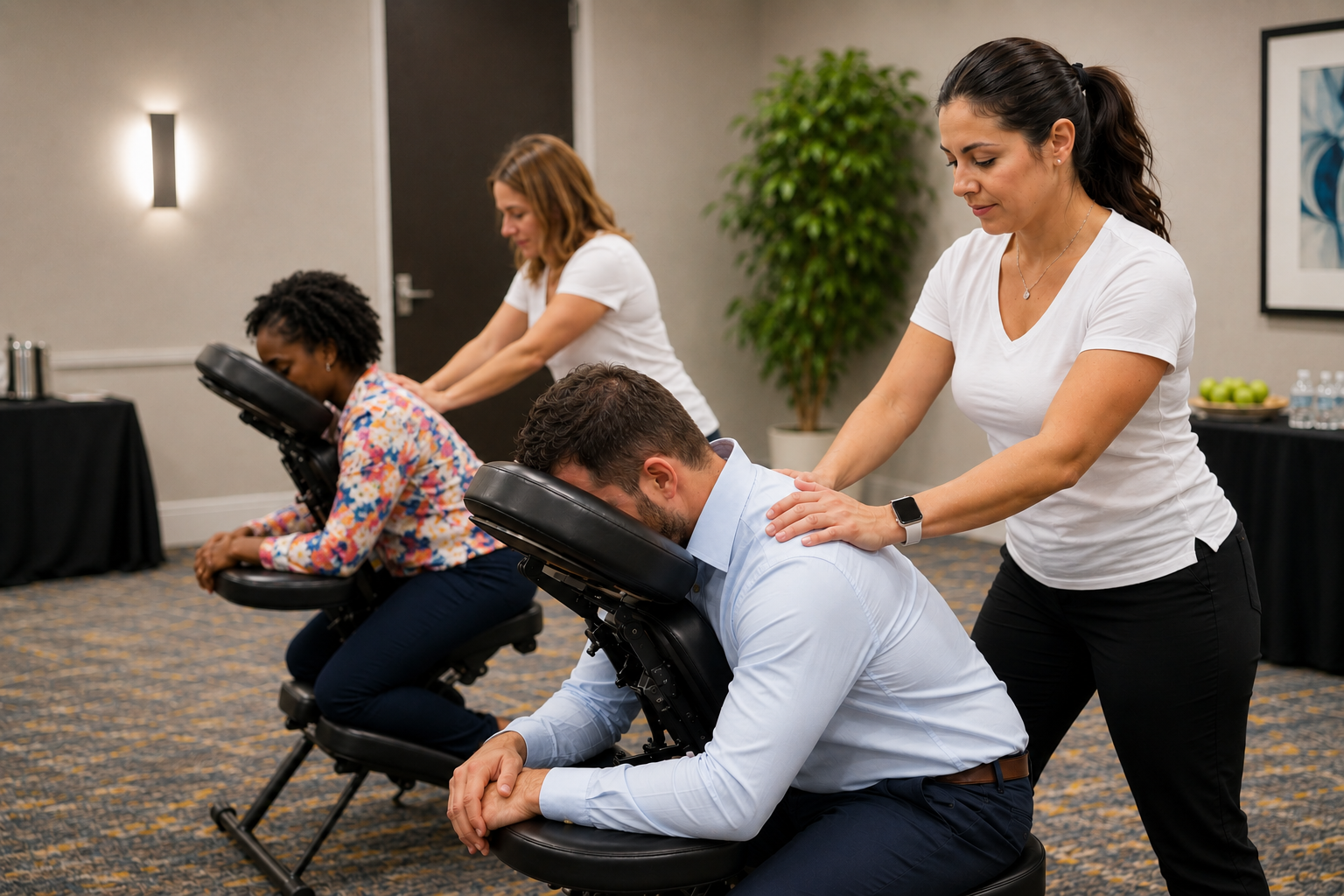 Onsite chair massage session at a corporate employee appreciation event