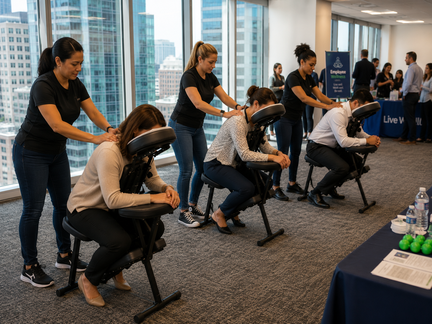 Licensed massage therapist providing chair massage at a corporate employee health fair