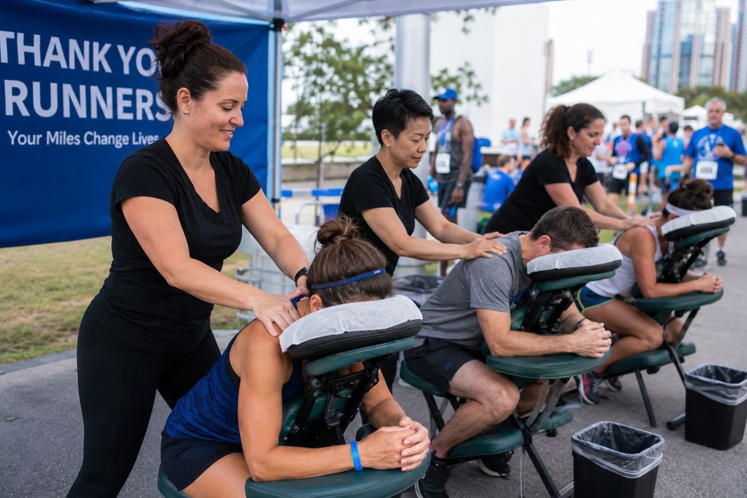 Onsite chair massage therapist at a festival or outdoor corporate event