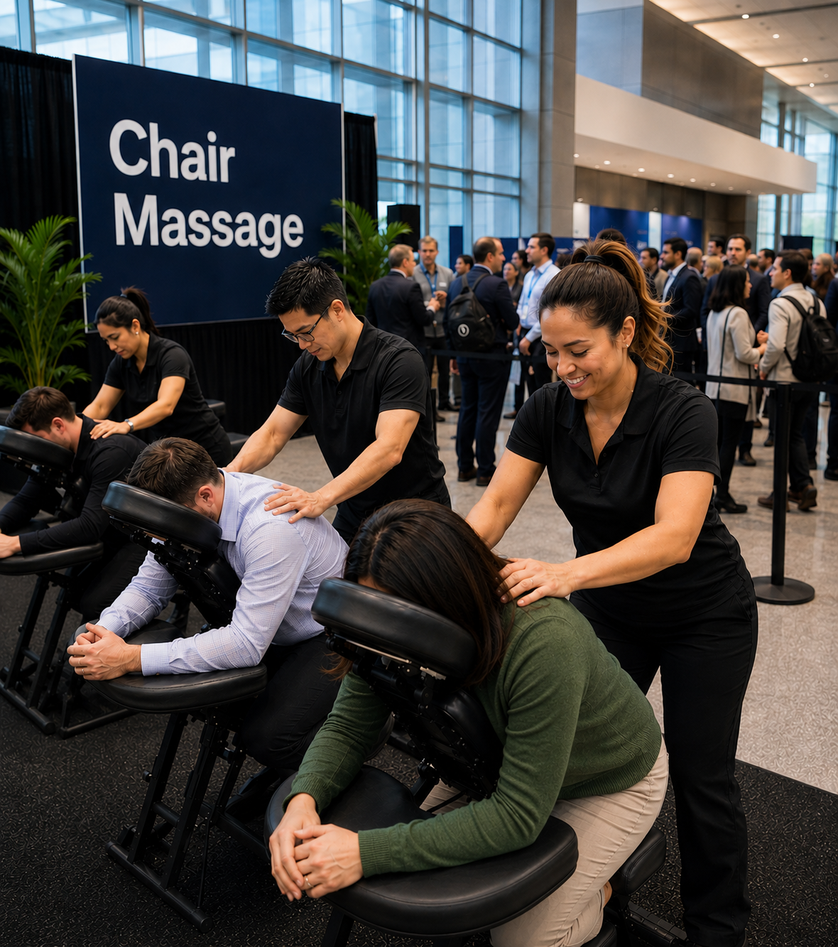 Multiple licensed massage therapists providing onsite chair massage at a large corporate event