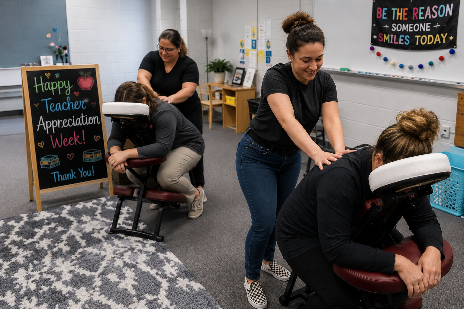 Licensed massage therapist providing chair massage during Teacher Appreciation Week