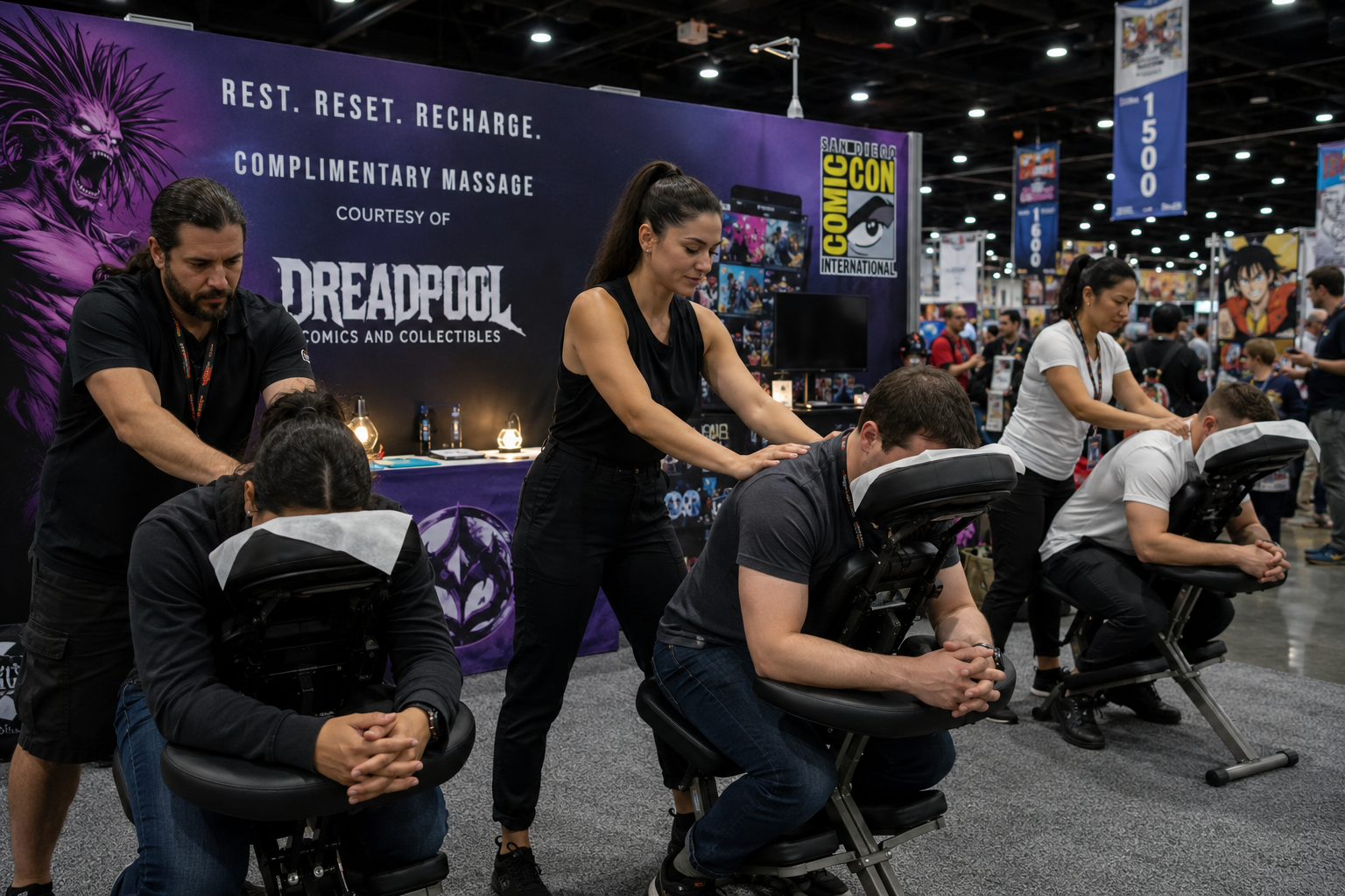 Onsite chair massage station at a trade show booth drawing attendee traffic