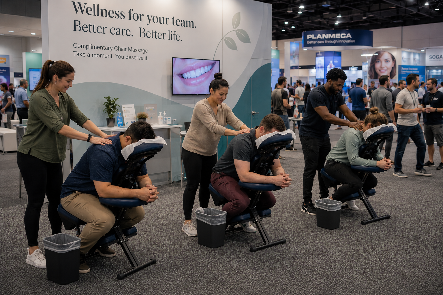 Licensed massage therapist working at a trade show convention booth