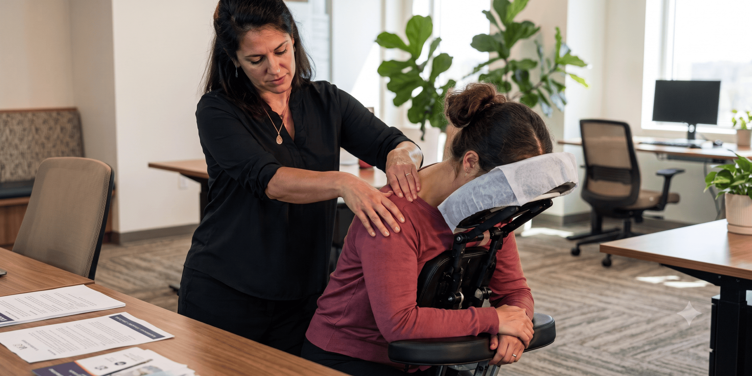 Licensed massage therapist providing onsite chair massage at a corporate office workstation with natural light and MBD equipment visible