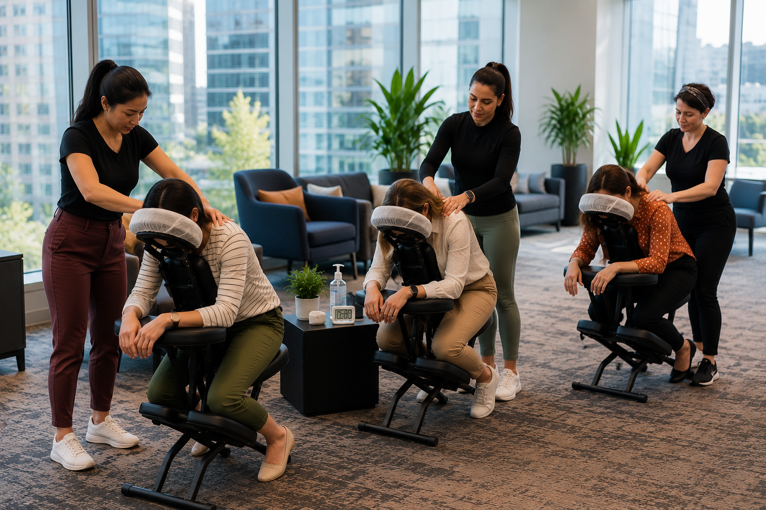 Three licensed massage therapists providing onsite chair massage at a corporate office event with floor-to-ceiling windows and a city view