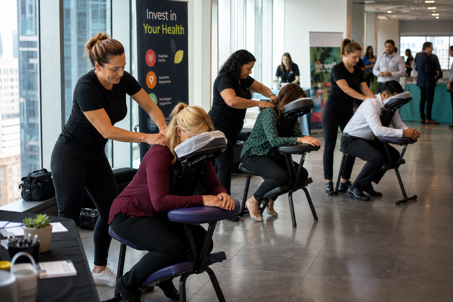 Three licensed massage therapists providing onsite chair massage at a corporate health fair with city skyline views