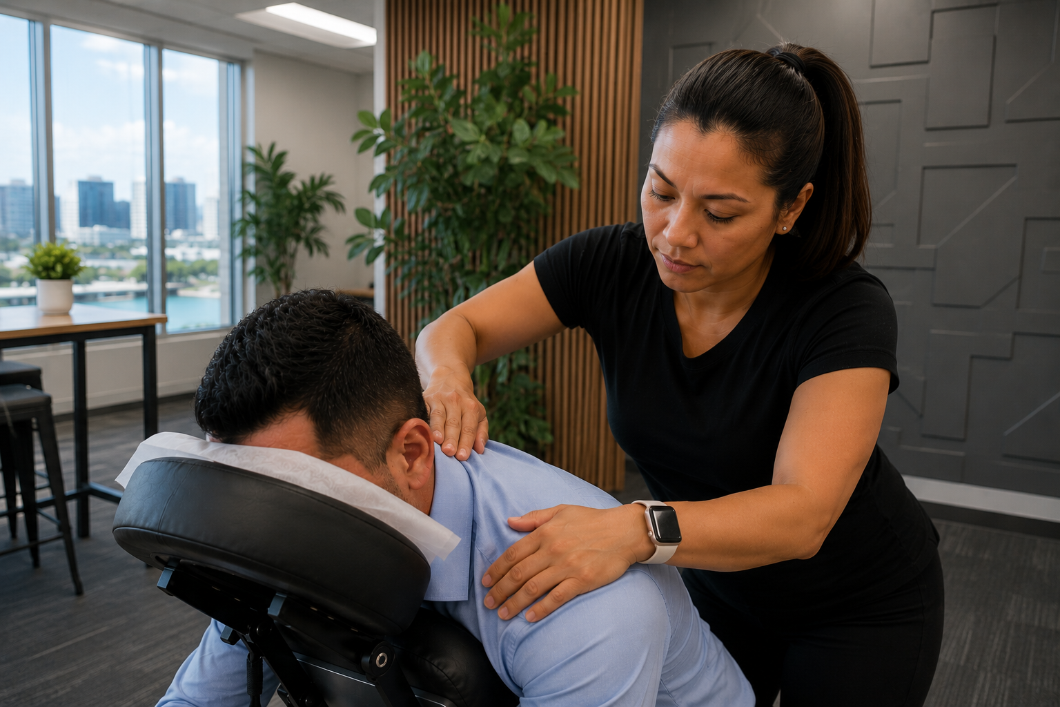 Onsite chair massage therapist at a Miami, FL corporate conference