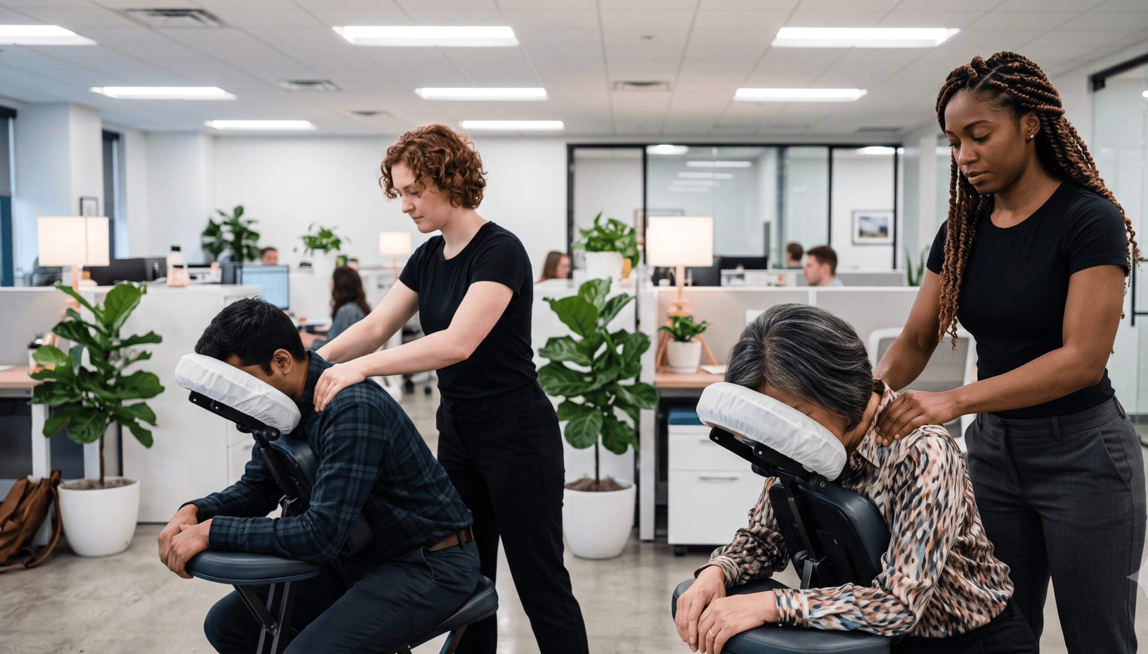 Onsite chair massage therapist working at a corporate office event