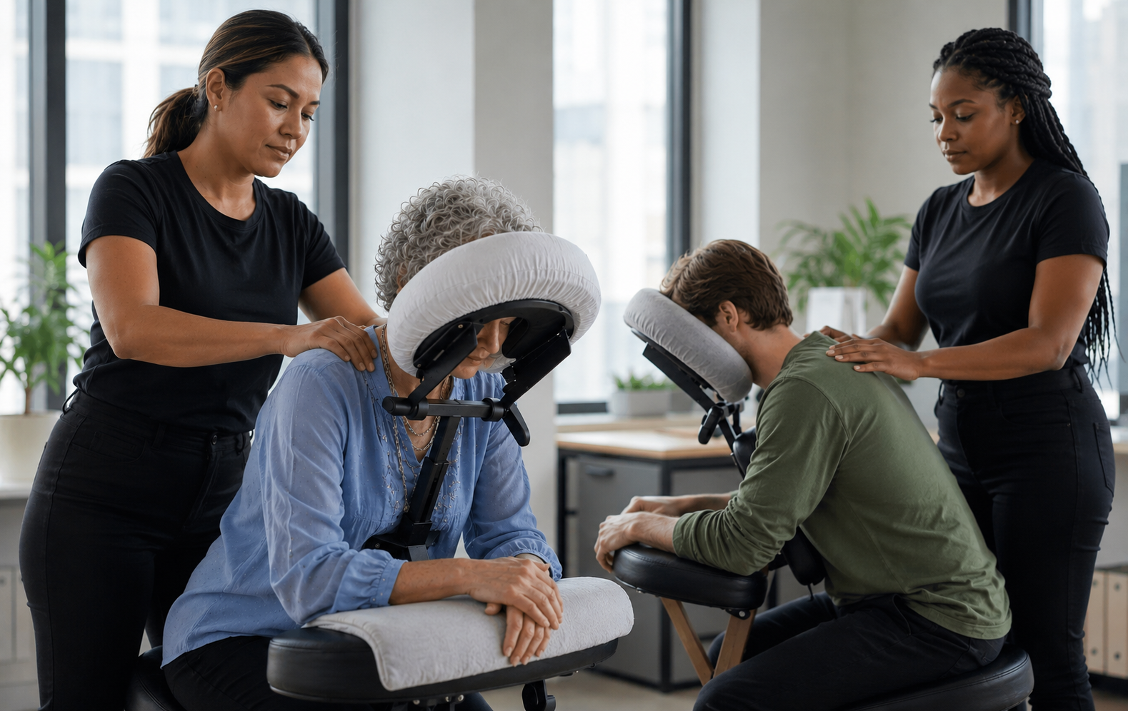 Onsite chair massage therapist working at a Phoenix, AZ corporate conference