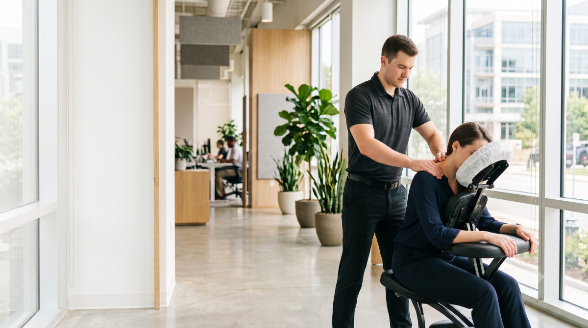 Onsite chair massage at a Raleigh, NC corporate event
